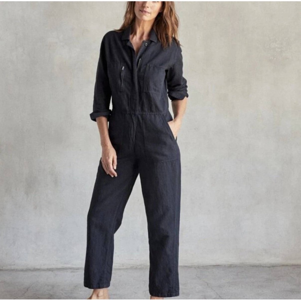 Outerknown Womens Utility Long Sleeve Jumpsuit Charcoal Black Zip Front Small
